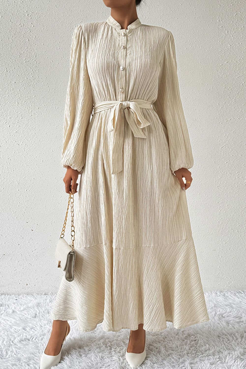 Tied Button Up Balloon Sleeve Dress - store name